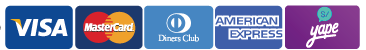 Métodos de pago: Visa, Mastercard, Diners Club, American Express, Yape